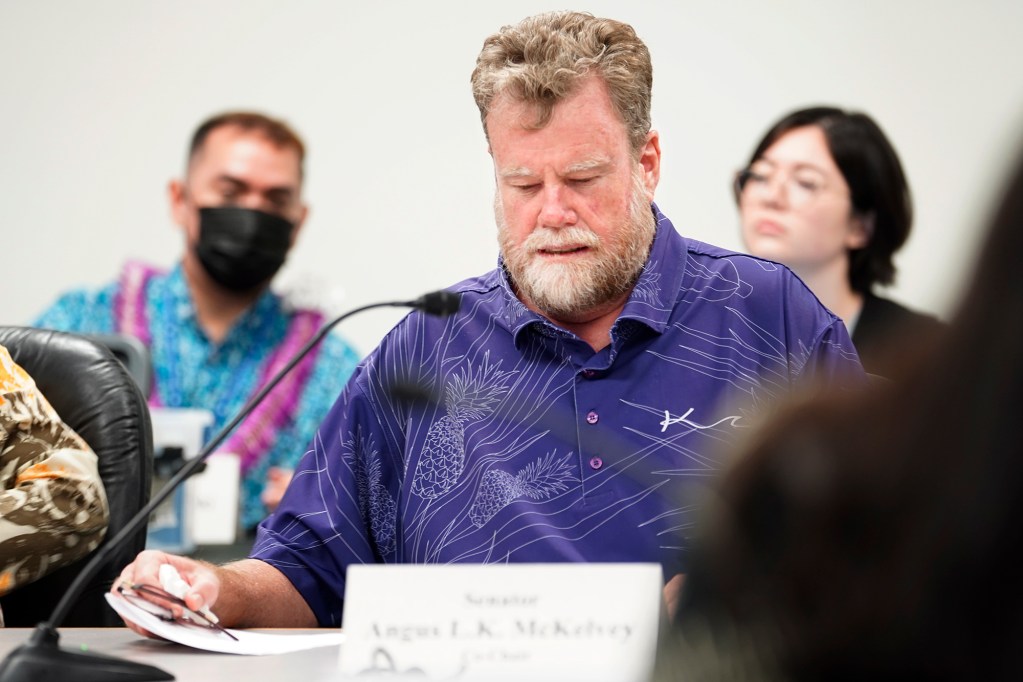 Sen. Angus McKelvey attends the Conference Committee to resolve differences relating to the procurement for the University of Hawaii on Friday, April 26, 2024, in Honolulu. (Kevin Fujii/Civil Beat/2024)