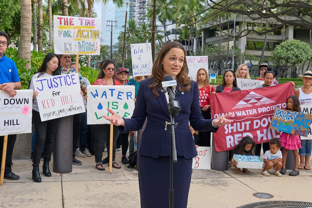 Victims of the fuel leak at the US Navy’s Red Hill facility showed up en masse at the Prince Jonah Kuhio Kalanianaole federal building and US Courthouse to support efforts to reach settlement in the lawsuit against the US as the case began April 29th, 2024. (David Croxford/Civil Beat/2024)