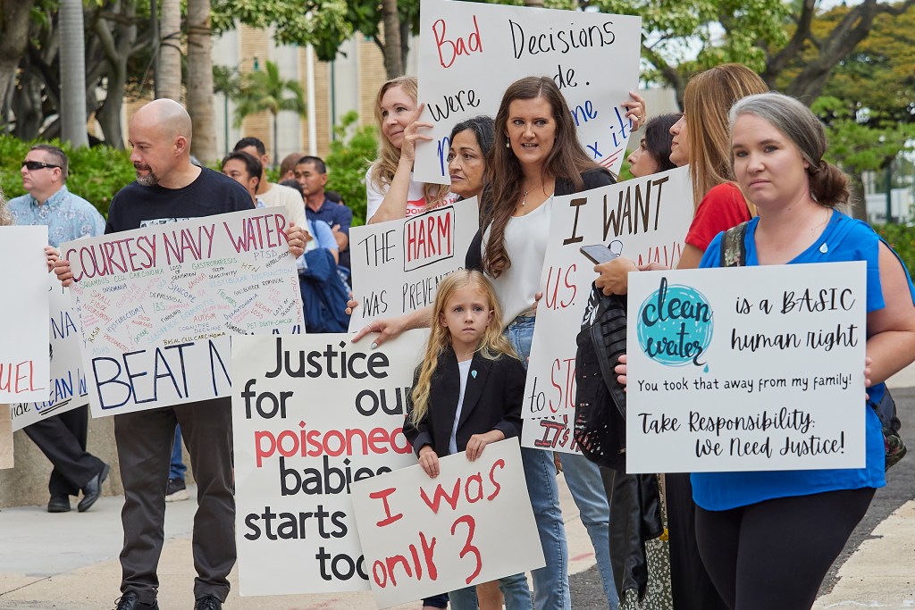 Victims of the fuel leak at the US Navy’s Red Hill facility showed up en masse at the Prince Jonah Kuhio Kalanianaole federal building and US Courthouse to support efforts to reach settlement in the lawsuit against the US as the case began April 29th, 2024. (David Croxford/Civil Beat/2024)