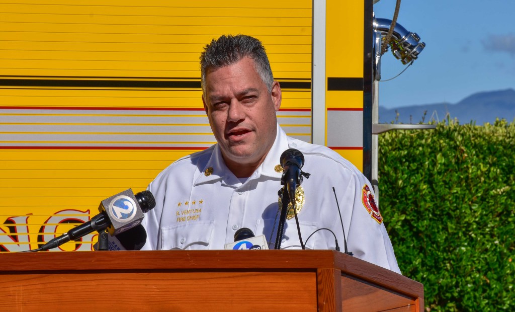 Maui Fire Chief Brad Ventura said he is proud of the people in his department who bravely fought four fires simultaneously on Aug. 8, 2023 during a press conference to discuss the after-action report. (Cammy Clark/Civil Beat/2024)
