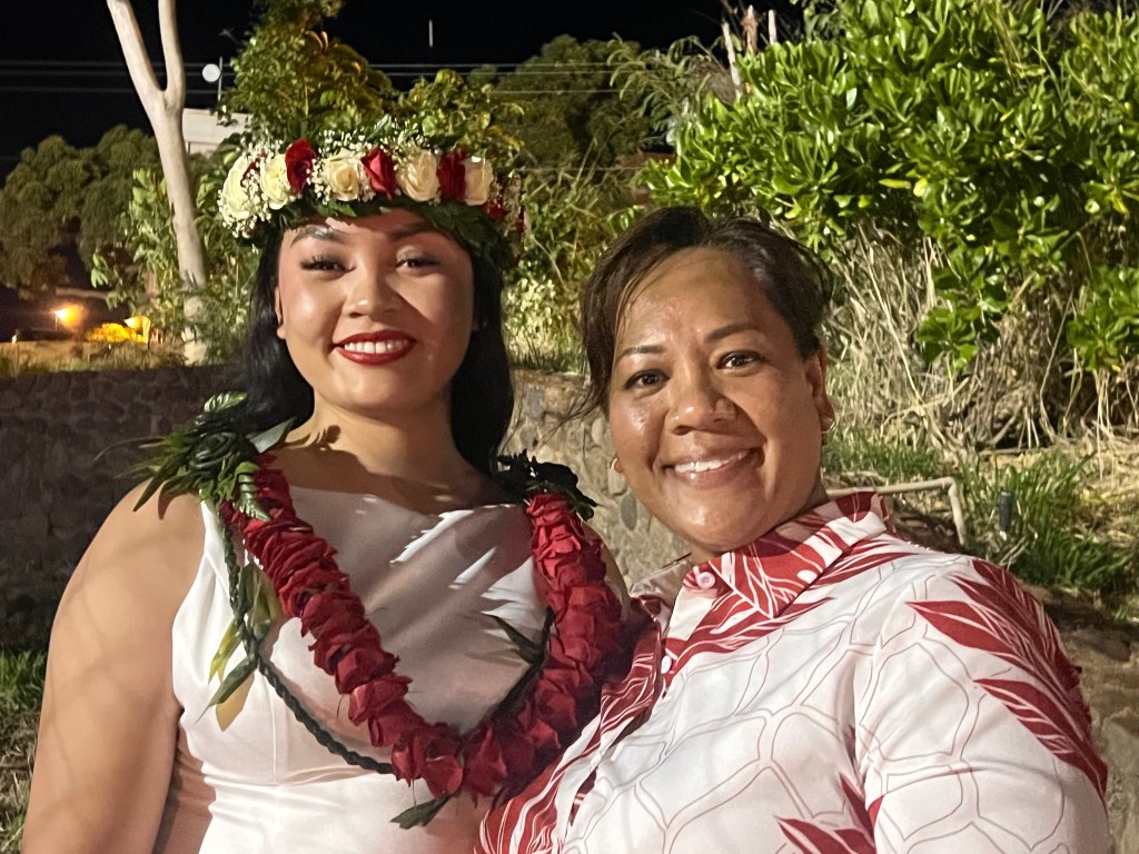 Jazmin Mathias, left, and her mother Lorna Mathias, right, said school was challenging for Lahainaluna seniors during the Covid-19 pandemic as well as after the fires.