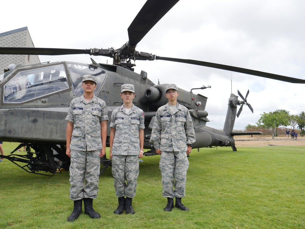 The next generation of aviators: cadet senior airman Andrew Teal (left to right), cadet senior master sergeant Noah Haruguchi, and cadet airman Joshua Kraft.