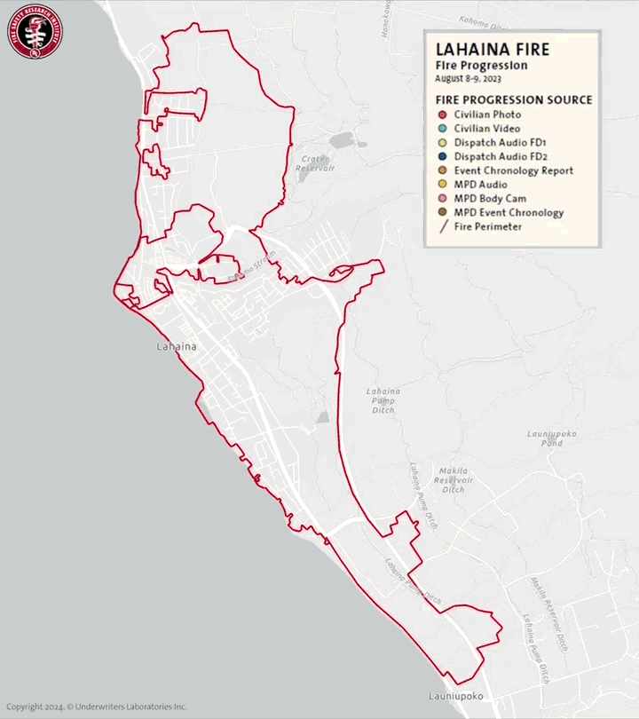 Animated map tracking the progression of the fire by data source