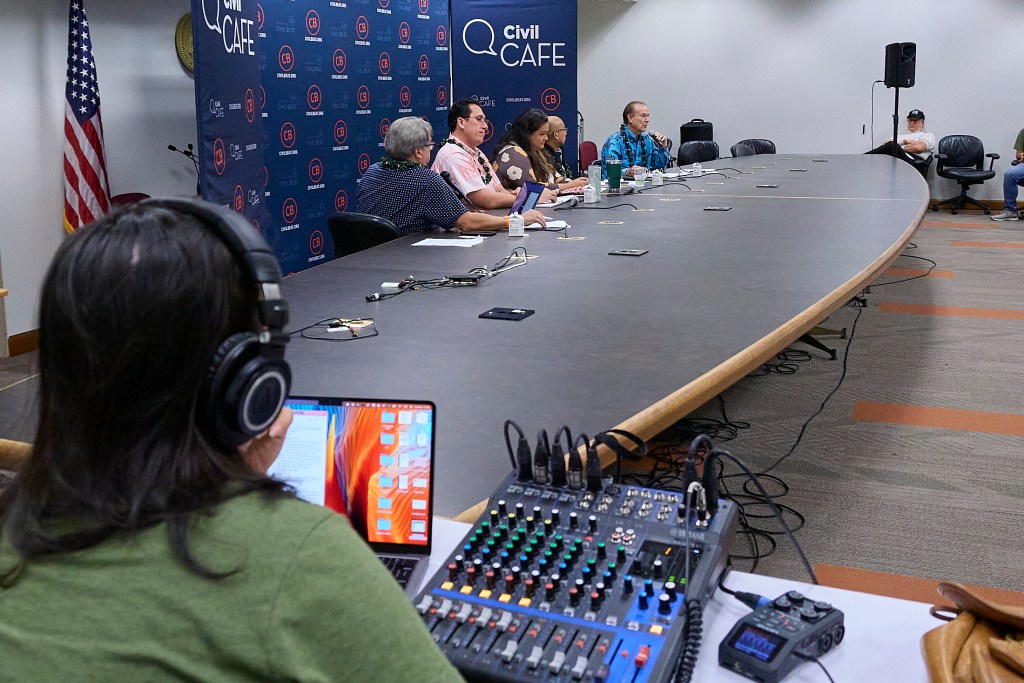 On May 7th, 2024, Honolulu Civil Beat conducted the Civil Beat Café moderated by Political Editor Chad Blair to close out the legislative season. Guests included Senator Jarrett Keohokalole, Rep. Kirstin Kahaloa, Rep.Vice Speaker Greggor Ilagan and Rep Gene Ward (David Croxford/Civil Beat/2024)