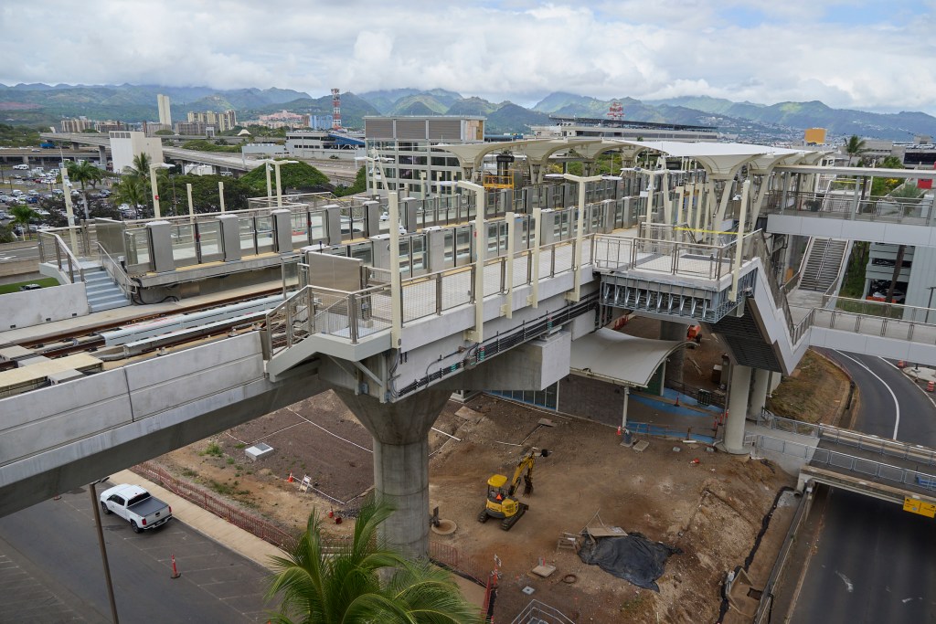 A View of the HART Rail project progress at the Daniel K Inouye International Airport. This location is one of the locations that should have been completed by February 2024 but still shows signs of needing more work before it is completed. (David Croxford/Civil Beat/2024)