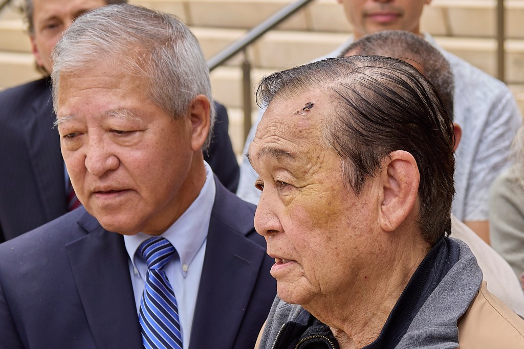 Following the Not Guilty verdict in the Kaneshiro/Mitsunaga et al bribery trial most of the defendants appeared outside the courthouse to speak with local press. (David Croxford/Civil Beat/2024)