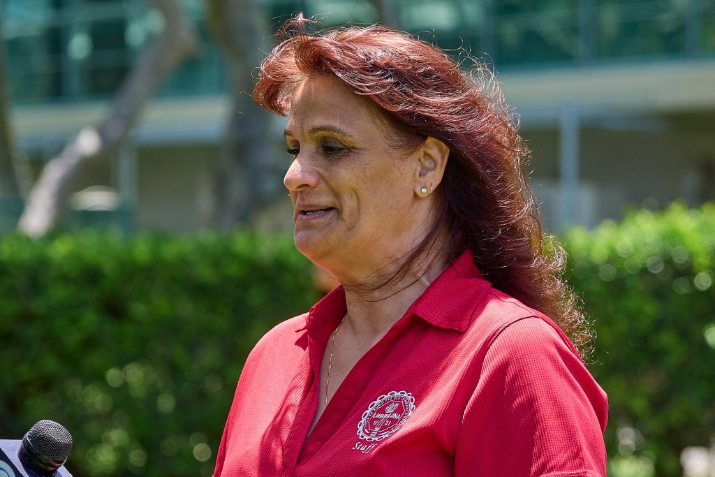 HSTA members from Lahaina caught early flights to attend the DOE meeting and took time to speak about the continued mental and logistical challenges they face Thursday May 23rd, 2024.(David Croxford/Civil Beat/2024)
