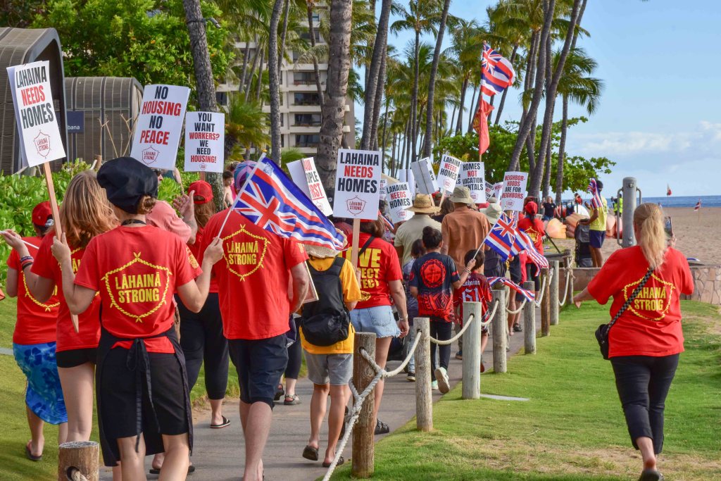 The grassroots organization Lahaina Strong held multiple rallies for dignified housing since the Aug. 8 wildfires displaced about 13,000 people. (Cammy Clark/Civil Beat/2024)
