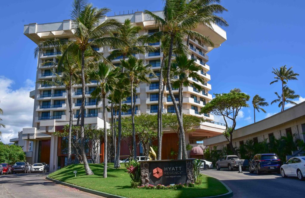 The Hyatt Regency Maui Resort and Spa in Kaanapali was one of many resorts that has been housing Aug. 8 wildfire survivors for months through FEMA's emergency sheltering program. (Cammy Clark/Civil Beat/2024)