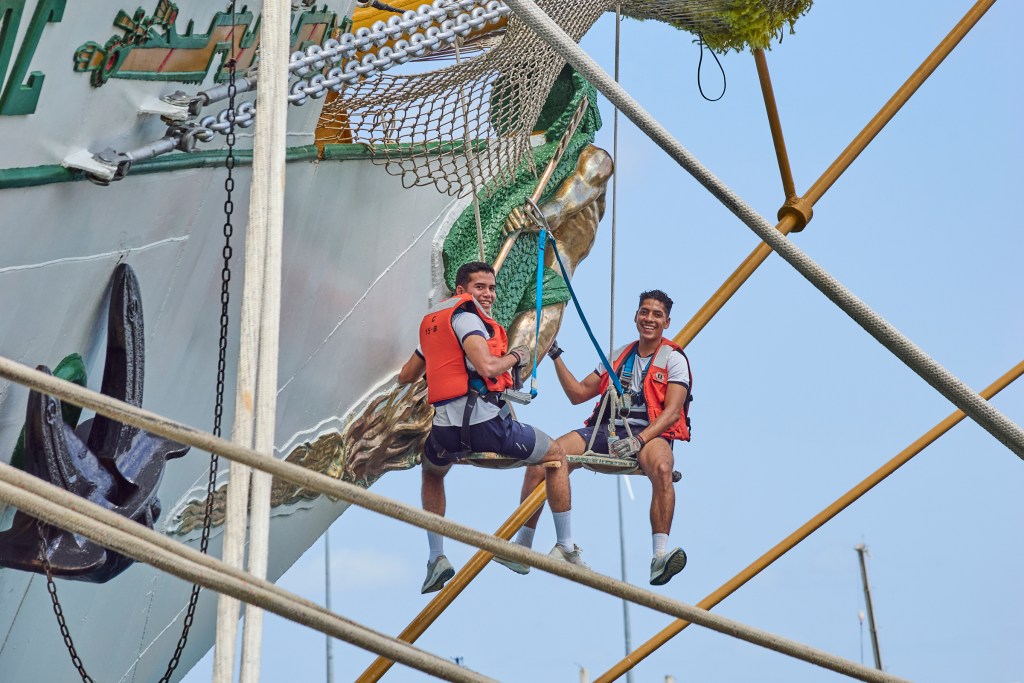 Honolulu welcomed the Mexican training vessel ARM Cuauhtémoc into port on June 5th. The ARM Cuauhtémoc is named after the last emperor of the Mexícatl Empire (otherwise known as the Aztecs) of central Mexico, tortured and murdered by the Spaniards after the fall of his nation. To this day, he is honored and recognized and Cuauhtémoc is still a popular baby name in Mexico. Cuauhtémoc is a steel-hulled tall ship with a single-propeller auxiliary engine. Her sail plan is that of a bric-barca (three-masted barque). Her crew is comprised of 186 including officers, and up to 90 cadets. (David Croxford/Civil Beat/2024)