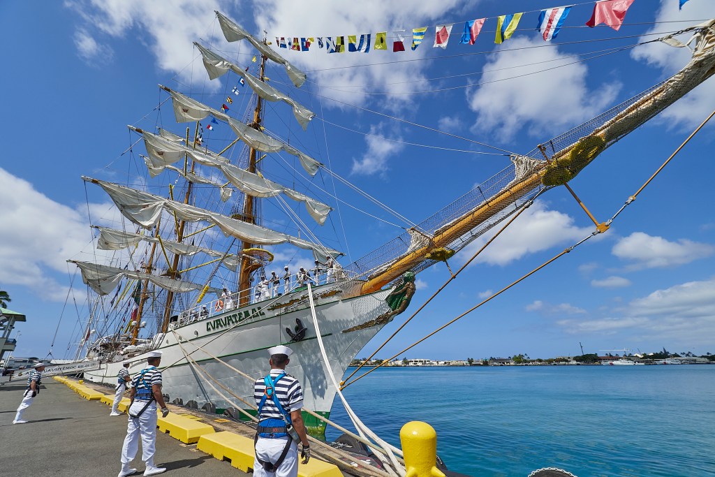 Honolulu welcomed the Mexican training vessel ARM Cuauhtémoc into port on June 5th. The ARM Cuauhtémoc is named after the last emperor of the Mexícatl Empire (otherwise known as the Aztecs) of central Mexico, tortured and murdered by the Spaniards after the fall of his nation. To this day, he is honored and recognized and Cuauhtémoc is still a popular baby name in Mexico. Cuauhtémoc is a steel-hulled tall ship with a single-propeller auxiliary engine. Her sail plan is that of a bric-barca (three-masted barque). Her crew is comprised of 186 including officers, and up to 90 cadets. (David Croxford/Civil Beat/2024)