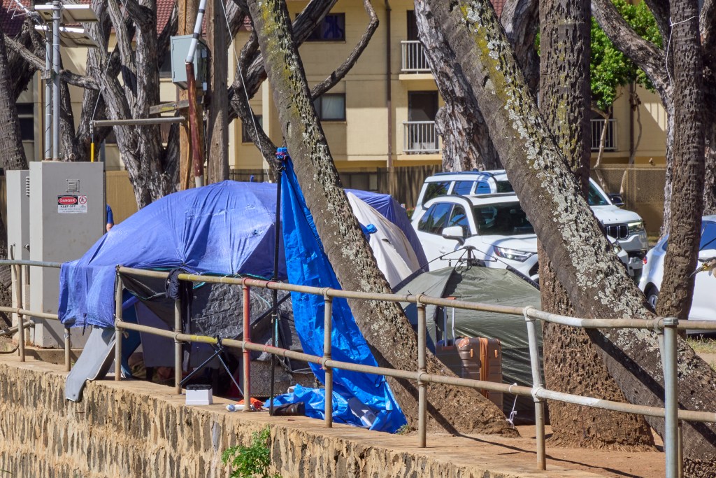 Along the Diamond Head side of Kalakaua Avenue there is a growing homeless encampment dotted along the stream that parallels the famously named street. Some of the tents surround a Bus stop within eyesight of the local Jack in the Box. The assortment of trash ranges from Shopping Carts to displaced Yeti water flasks and everything in between. Photographed Wednesday June 12, 2024(David Croxford/Civil Beat/2024)