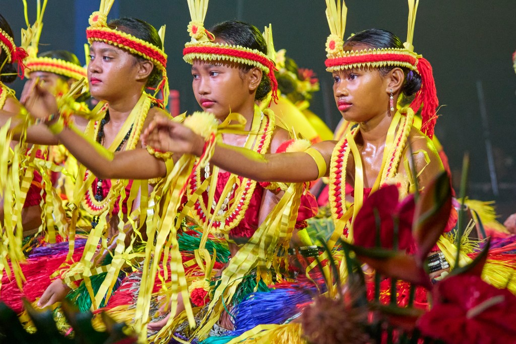 FestPac continued on Wednesday June 12, 2024 with more ceremonial Dancing from Representative nations and various forms of creative activity showcasing the particular areas of Polynesia.
From the Federated States of Micronesia, members from Yap presented a very colorful dance including the WomenÕs sitting Dance for the audience. (David Croxford/Civil Beat/2024)