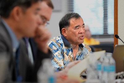Sandwich Isles Communications president Al Hee answers a question during a PUC hearing Monday, June 17, 2024, in Honolulu. (Kevin Fujii/Civil Beat/2024)
