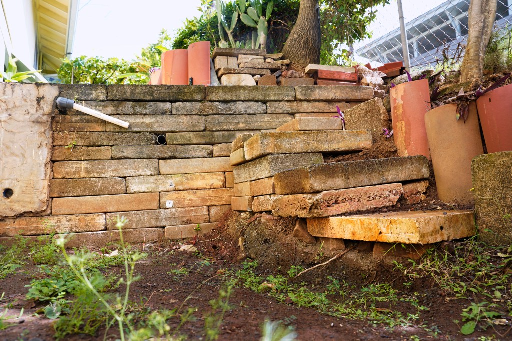 Military grave markers have been used as building and landscaping material as seen Tuesday, June 18, 2024, in Honolulu. (Kevin Fujii/Civil Beat/2024)