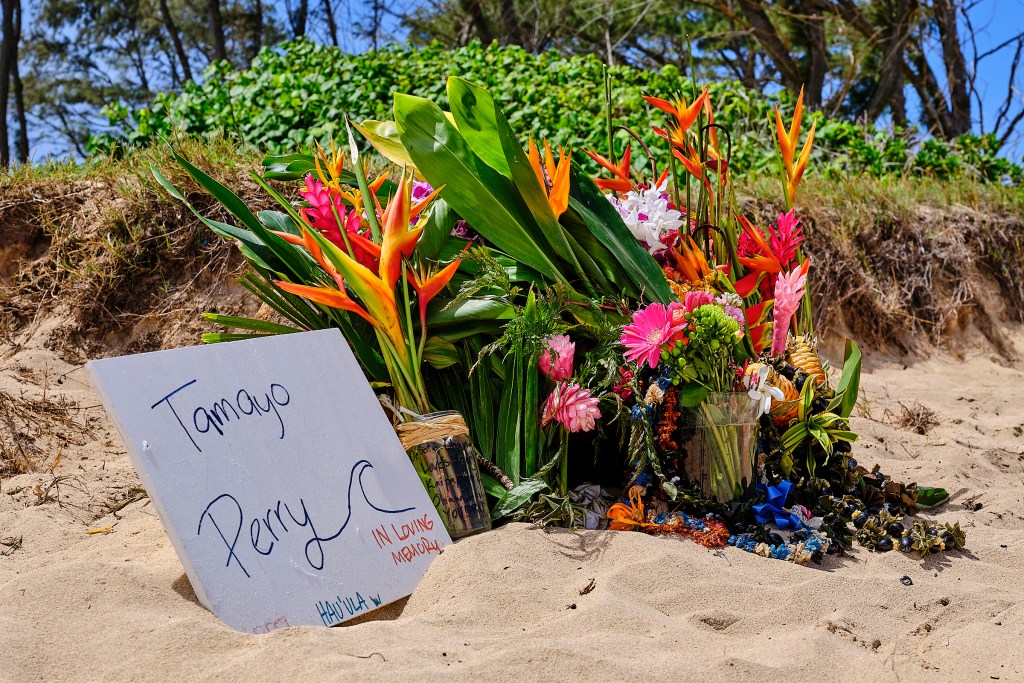 A makeshift memorial has been built on the beach at Maleakahana State Recreational area beach,  across from Mokuaia Island (Goat Island) where Tamayo Perry, a City and County of Honolulu lifeguard was surfing on Sunday when it is believed he was attacked by a shark that resulted in him losing his life. Photographed June 25th, 2024.(David Croxford/Civil Beat/2024)