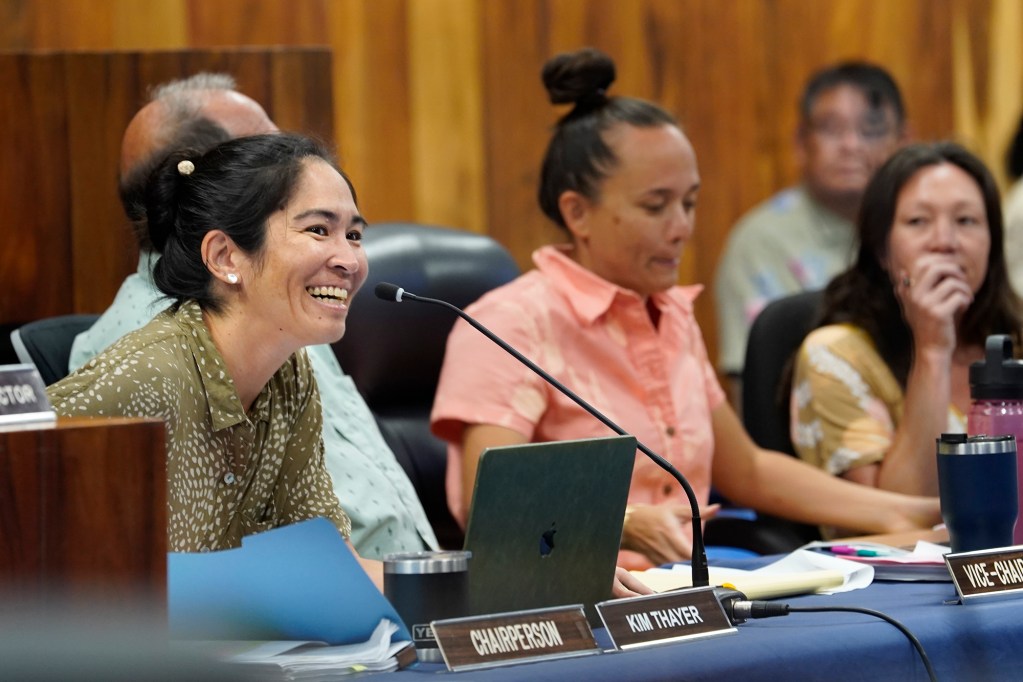 Maui Planning Commission chairperson Kim Thayer offers a light moment before their meeting to consider abolishing short-term rentals on Tuesday, June 25, 2024, in Wailuku. (Kevin Fujii/Civil Beat/2024)