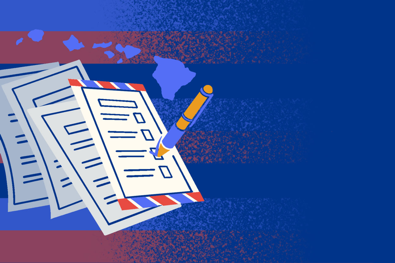 Illustration of a batch of ballots with a checkmark visible on the top ballot