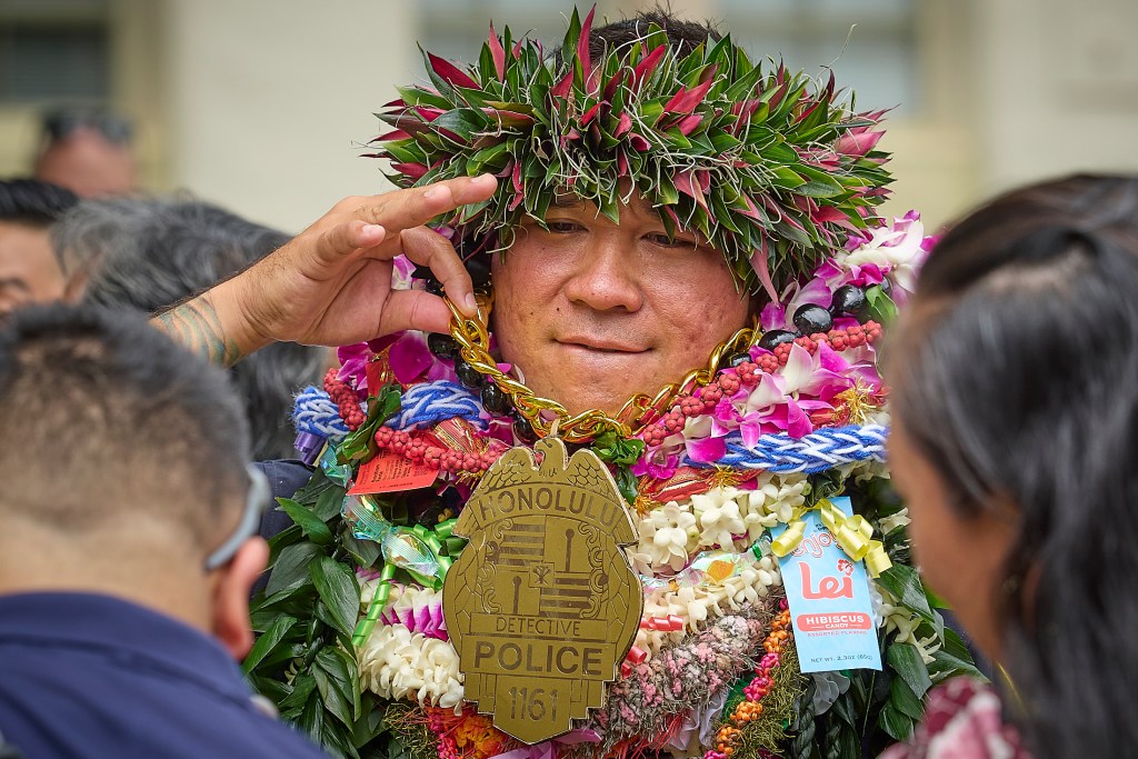 The thin Blue line that runs through the Honolulu Police Department got a little thicker on Monday July 2nd as the department promoted 32 of its own to new ranks including 4 Sergeants, 11 Detectives, 10 Corporals and 3 Civilians. Photographed July 2nd, 2024(David Croxford/Civil Beat/2024)
