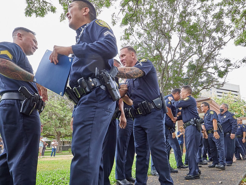 The thin Blue line that runs through the Honolulu Police Department got a little thicker on Monday July 2nd as the department promoted 32 of its own to new ranks including 4 Sergeants, 11 Detectives, 10 Corporals and 3 Civilians. Photographed July 2nd, 2024(David Croxford/Civil Beat/2024)