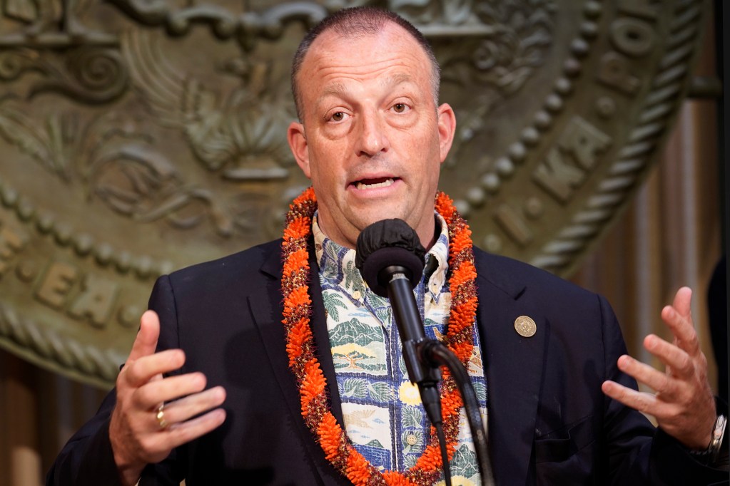 Gov. Josh Green talks about the new bills he will sign into law Friday, July 5, 2024, in Honolulu. The four bills stem from the Aug. 8 fire which destroyed Lahaina and Upcountry Maui. (Kevin Fujii/Civil Beat/2024)