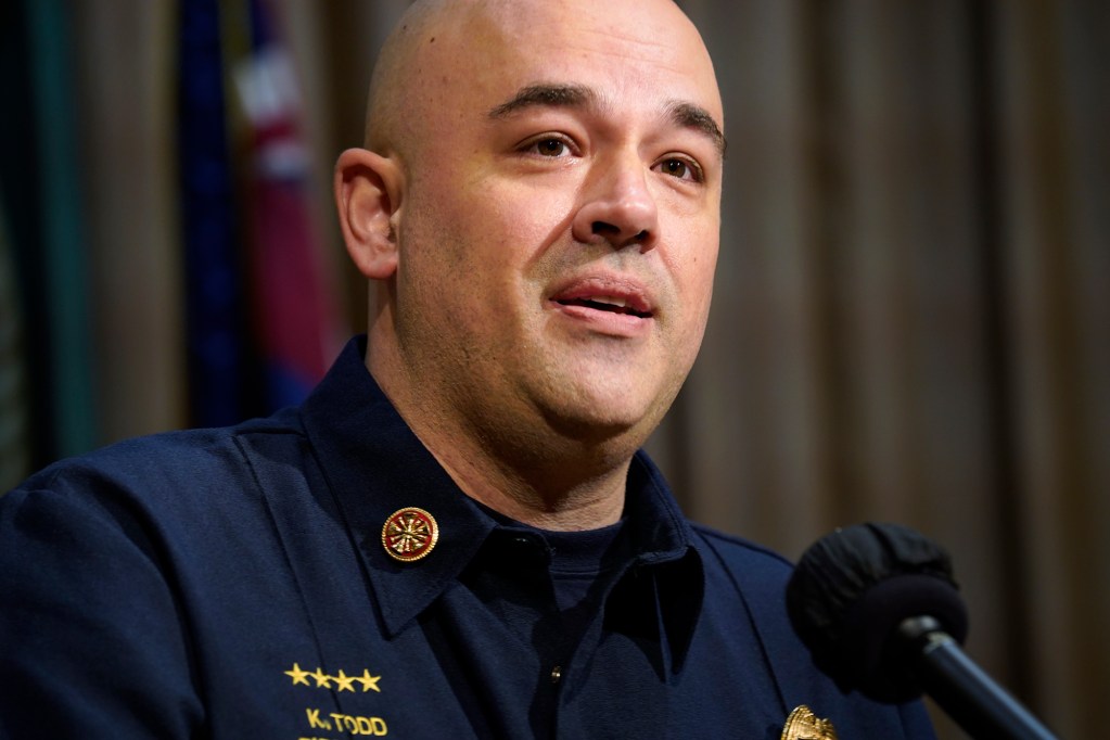 Hawaii County Fire Department Chief Kazuo Todd discusses the about-to-be-signed law for a new state fire marshal Friday, July 5, 2024, in Honolulu. The four bills stem from the Aug. 8 fire which destroyed Lahaina and Upcountry Maui. (Kevin Fujii/Civil Beat/2024)