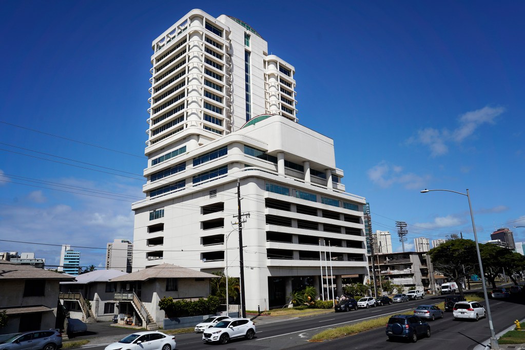 Gov. Josh Green and Honolulu Mayor Rick Blangiardi announce new affordable housing and beds to help alleviate the homeless issue at Waikiki Vista on Friday, July 5, 2024, in Honolulu. The 19-story building will house an emergency shelter, transitional family housing and studio apartments. (Kevin Fujii/Civil Beat/2024)