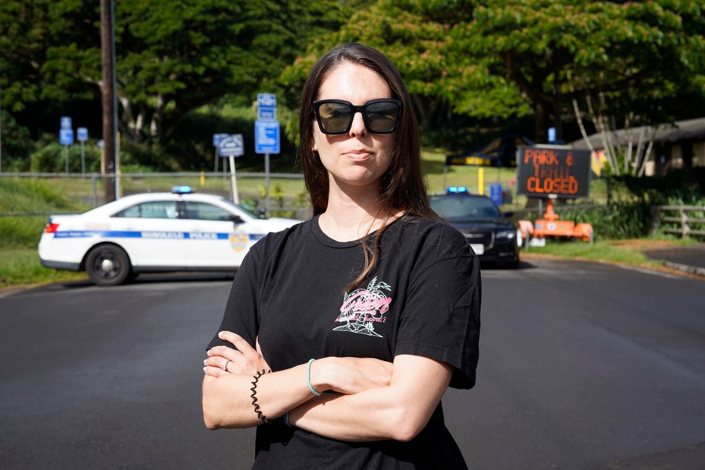 Alana Bryant stands outside of a closed Moanalua Valley Neighborhood Park Wednesday, July 10, 2024, in Honolulu. (Kevin Fujii/Civil Beat/2024)