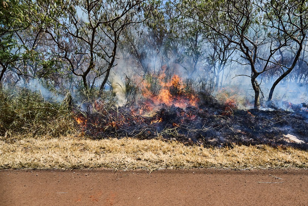Along highway 50 between Moi Road and Aloha Sweet Delights an unattended hot spot flared into a full blown wildfire which the KFD was quickly able to extinguish. These images were photographed as the fire dept was dispatched to the scene at 2.05 pm July 16th, 2024 (David Croxford/CivilBeat/2024)