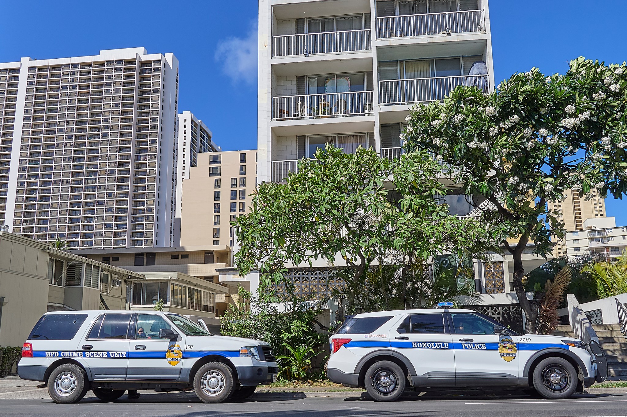 The scene of a fatal Police shooting at 2509 Ala Wai Blvd. photographed at 9:40 am.  The barricaded victim came out of the apartment brandishing a gun and pointed toward officers after non lethal canisters containing CS gas were deployed. The officers returned fire and fatally wounded the suspect who was believed to be the culprit in three earlier robberies.(David Croxford/CivilBeat/2024)