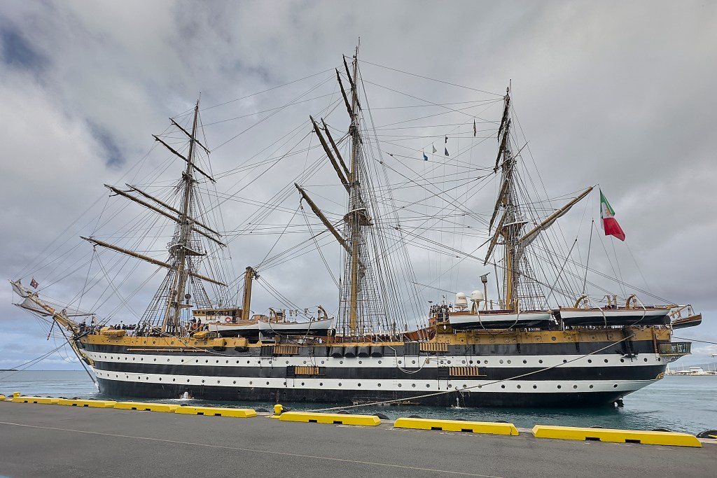 The Amerigo Vespucci ship, under the command of Captain Giuseppe Lai, is the longest-serving unit of the Italian Navy, boasting 93 years of service. Its stop in Honolulu is part of its  second undertaking to circumnavigate the globe.  The deployment will keep it at sea for 20 months, visiting total 36 ports in 32 different countries.  (David Croxford/Civil Beat/2024)