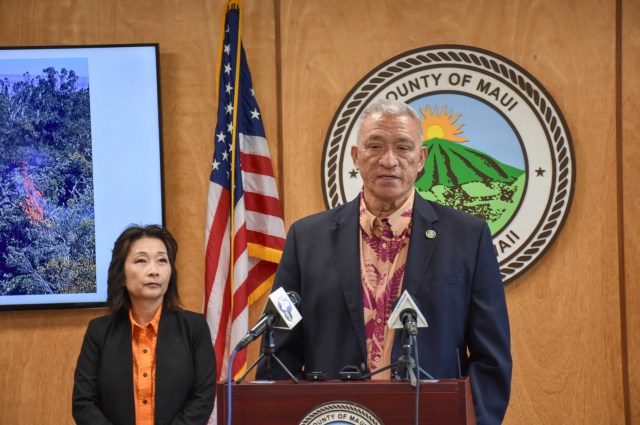 Maui Mayor Richard Bissen, with Lt. Gov. Sylvia Luke by his side, provided updates about the Crater Road Fire on Haleakala that was 80% contained on July 15, 2023. (Cammy Clark/Civil Beat/2024)