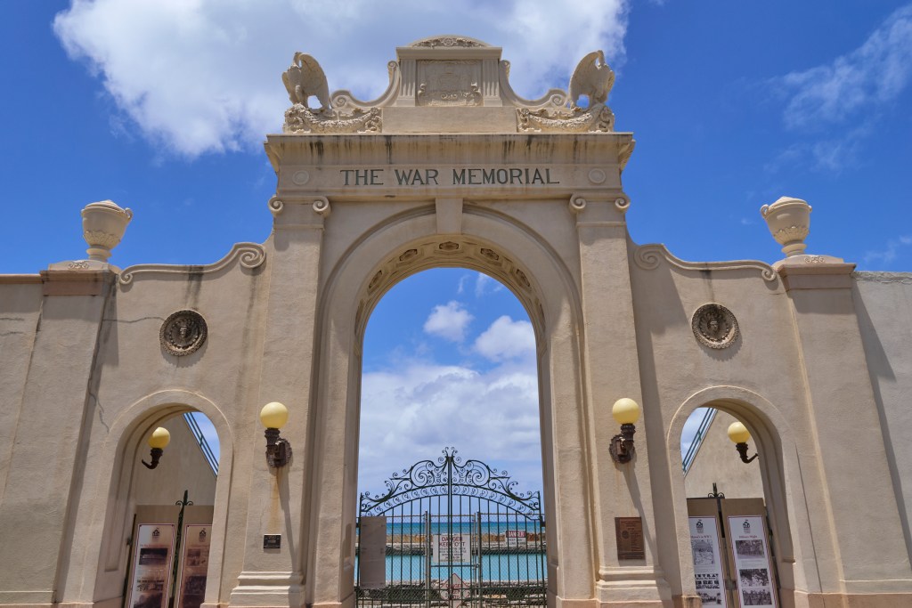 The Waikiki Natatorium War Memorial is a war memorial in Honolulu, Hawaii, USA, built in the form of an ocean water public swimming pool. The Natatorium was built as a living memorial dedicated to "the men and women who served during the great war" Although many community leaders have pondered the idea of repairing and restoring the property to its formers brilliance, unfortunately it languishes in disrepair and has been deemed unsafe since 1979(David Croxford/Civil Beat/2024