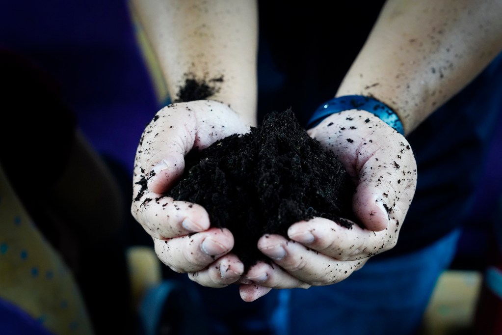 Compost from green waste is brought on board the Tour de Trash bus Wednesday, Aug. 28, 2024, in Wahiawa. Proper items in green bins eventually becomes compost Hawaiian Earth bags and sells as Menehune Magic. (Kevin Fujii/Civil Beat/2024)