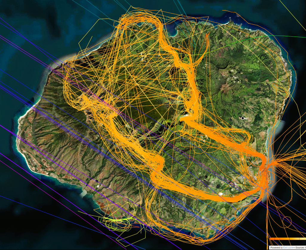 Screenshot of ADS-B and Air Traffic Control radar showing the density of air tour traffic over the island of Kauai in an eight-hour period.