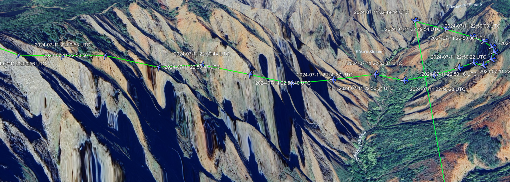 A 3D reconstruction of the flight path of the air tour helicopter N144KW as it ascended out of Waimea Valley. The fluctuations in flight level could indicate turbulence.