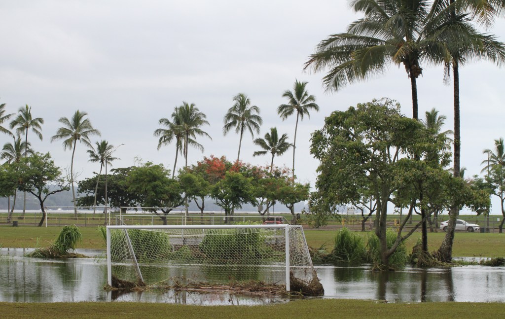 Thousands of people went hours without power, and numerous roads were flooded as Hone swept past Hawaii with hurricane force winds. In Hilo, the largest city on Hawaii island, the bayfront area and soccer field were submerged as heavy rains pounded the area. (Tim Wright/Civil Beat/2024)