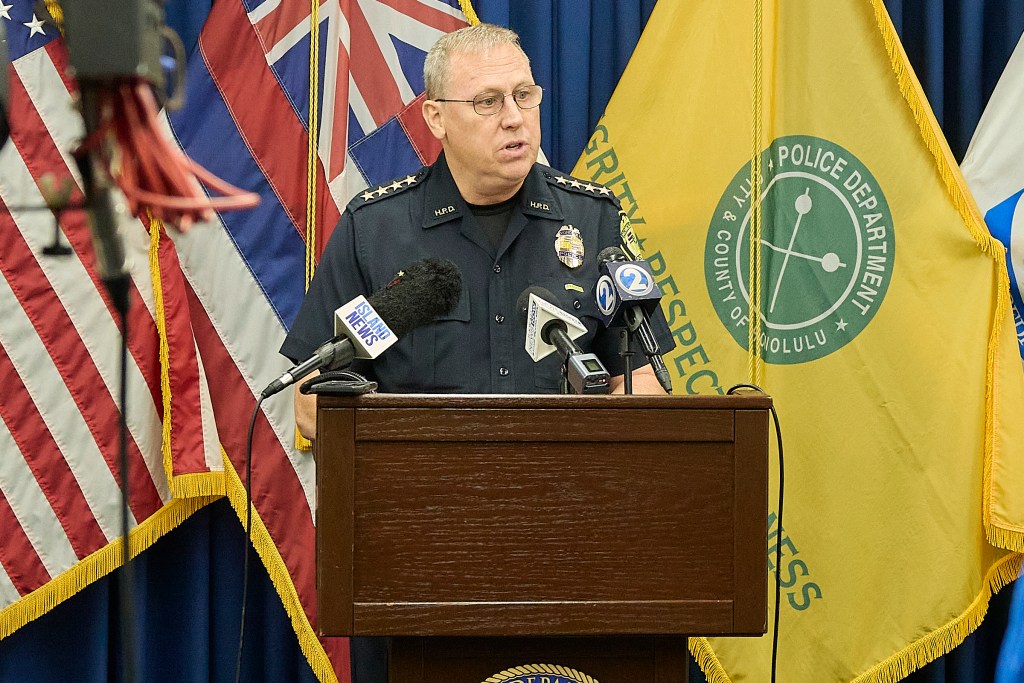HPD Chief Arthur “Joe” Logan speaks at a press conference at HPD on Tuesday September 3rd, 2024 in response to 3 homicide shootings on the Waianae (west) side of Oahu over the Labor Day weekend. (David Croxford/Civil Beat/2023)(David Croxford/Civil Beat/2024