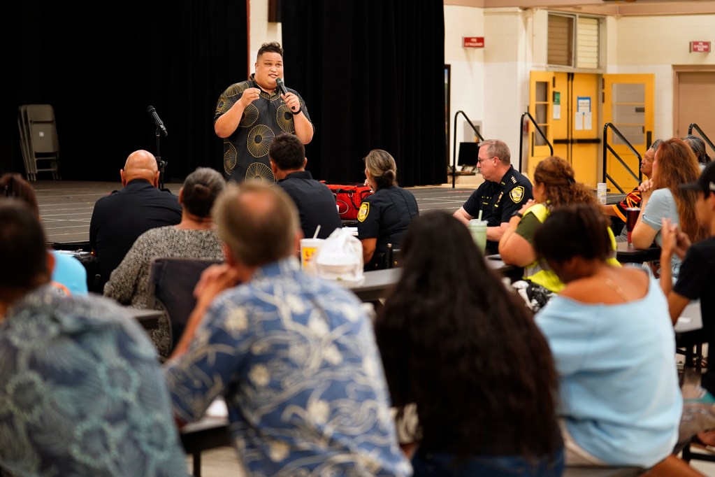 State Rep. Darius Kila holds a West Oahu Town Hall on public safety Monday, Sept. 16, 2024, at Nanakuli High and Intermediate School in Waianae. He was joined by City Council member Andria Tupola, Honolulu Police Department Chief Joe Logan, Major Gail Beckley and Department of Law Enforcement Deputy Director Jared Redulla. (Kevin Fujii/Civil Beat/2024)