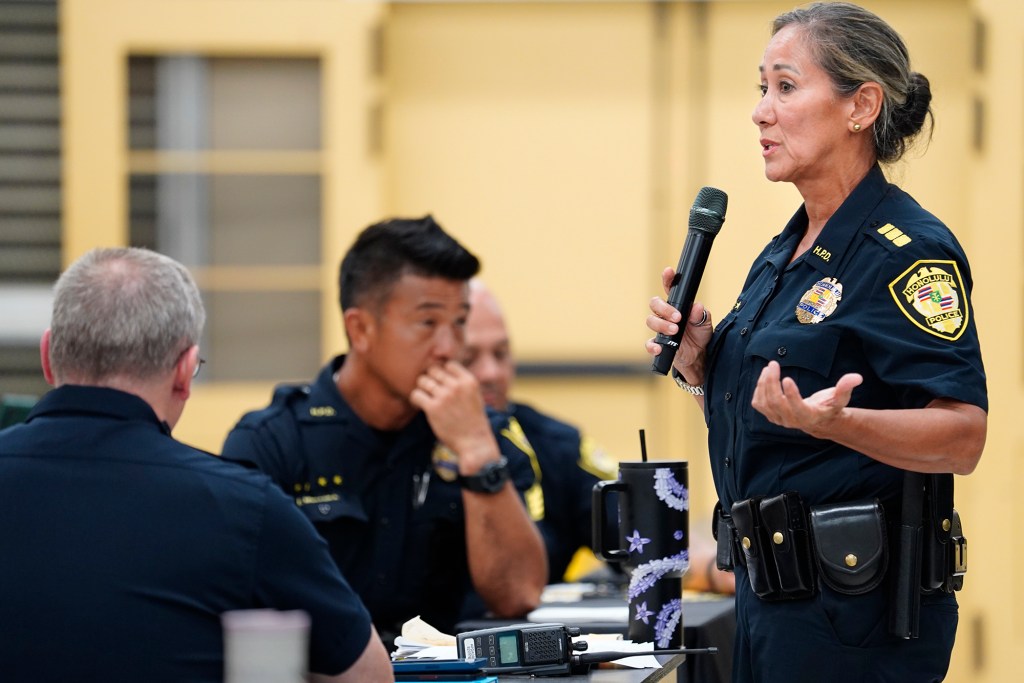 Honolulu Police Department Major Gail Beckley speaks during a West Oahu Town Hall on public safety Monday, Sept. 16, 2024, at Nanakuli High and Intermediate School in Waianae. State Rep. Darius Kila hosted the town hall with community members and law enforcement. (Kevin Fujii/Civil Beat/2024)