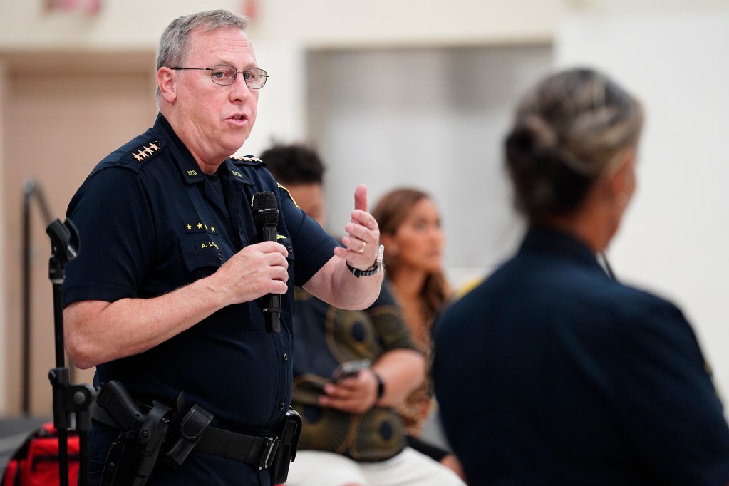 Honolulu Police Department Chief Joe Logan speaks during a West Oahu Town Hall on public safety Monday, Sept. 16, 2024, at Nanakuli High and Intermediate School in Waianae. State Rep. Darius Kila hosted the town hall with community members and law enforcement. (Kevin Fujii/Civil Beat/2024)