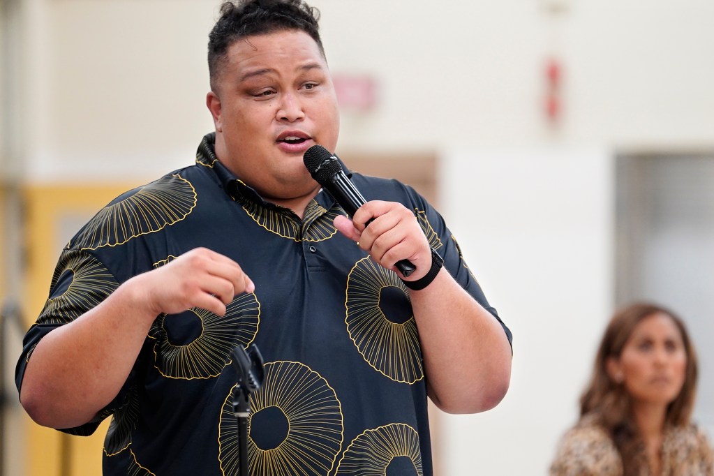 State Rep. Darius Kila holds a West Oahu Town Hall on public safety Monday, Sept. 16, 2024, at Nanakuli High and Intermediate School in Waianae. He was joined by City Council member Andria Tupola, Honolulu Police Department Chief Joe Logan, Major Gail Beckley and Department of Law Enforcement Deputy Director Jared Redulla. (Kevin Fujii/Civil Beat/2024)