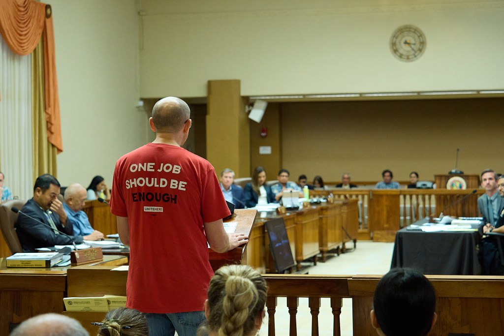 Bill 46 came before Honolulu City Council this afternoon.  The bill raises the possibility of taxing houses that are considered income properties that remain empty within the housing market in Honolulu County People from Local 5 strikers testified in favor of the bill along with past and present UH Mano graduates.(David Croxford/Civil Beat/2024)