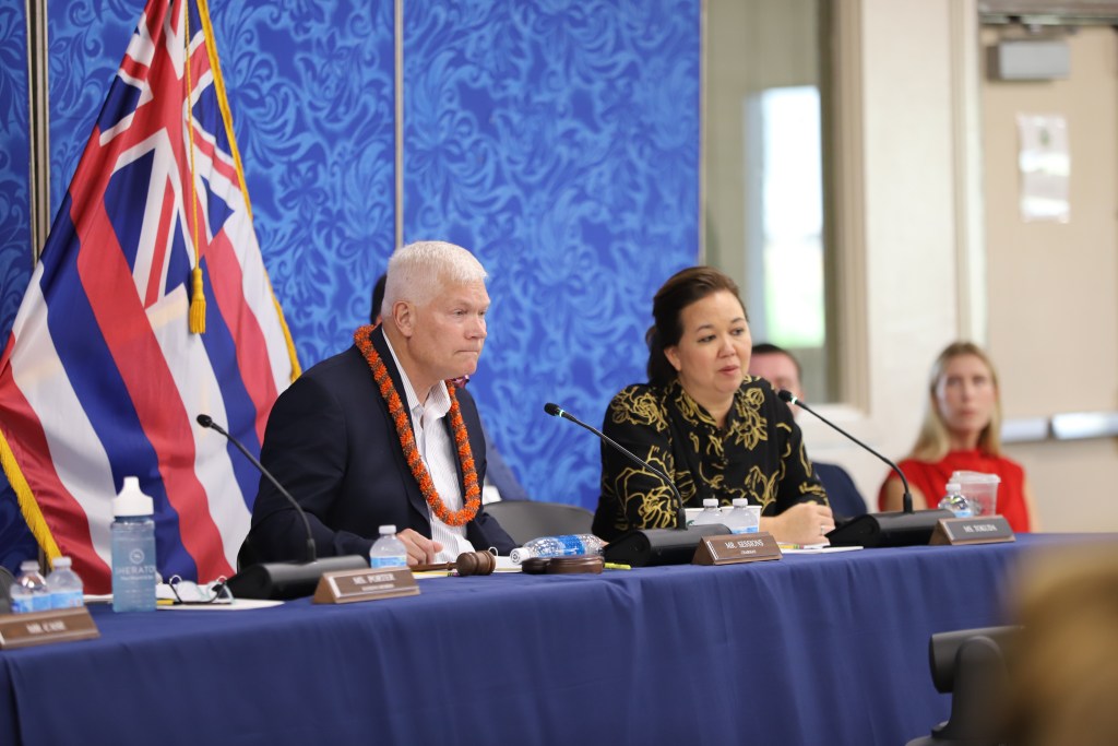 U.S. Reps. Peter Sessions and Jill Tokuda at a field hearing in Hawaii on federal response to 2023 Maui wildfires Sept. 4, 2024. (Leo Azambuja/Civil Beat/2024)