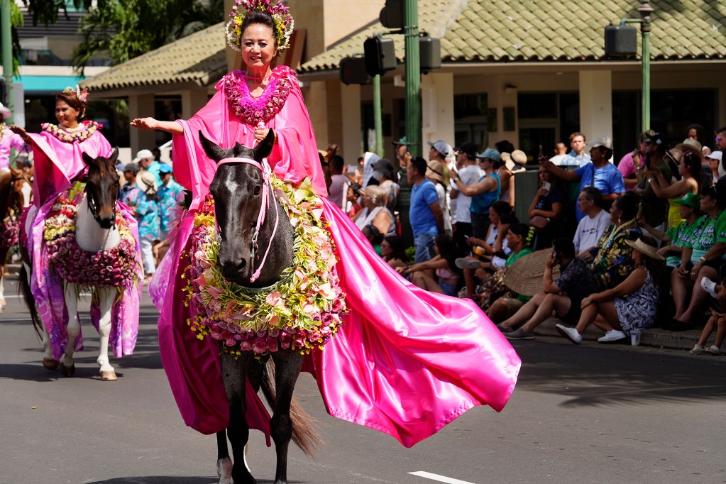 A Maui pau rider’s pau flows toward the Aloha Festivals 76th annual Floral Parade crowd on Saturday, Sept. 28, 2024, in Waikiki. Traditionally, pau riders wore long fabric to protect themselves from dust. Indigenous flora and fauna (for example, seashells) from each island decorate horse and rider with a distinctive color. Maui pau riders use the lokelani (a pink rose) and long, flowing pink pau. (Kevin Fujii/Civil Beat/2024)