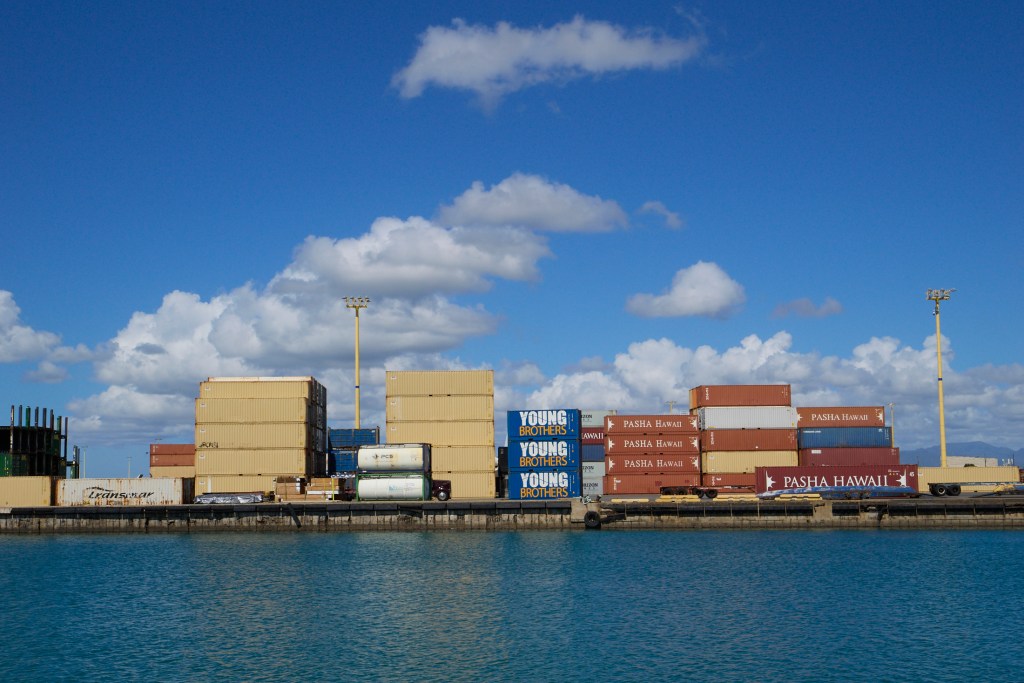 Honolulu port views showing Matson, Pasha and Young Brothers areas. The International Longshoremen's Association (ILA) is striking ports from Maine to Texas and at this point (October 1st, 2024) the strike is not expected to  affect Honolulu unless it spreads to the west coast.  (David Croxford/Civil Beat/2024)
