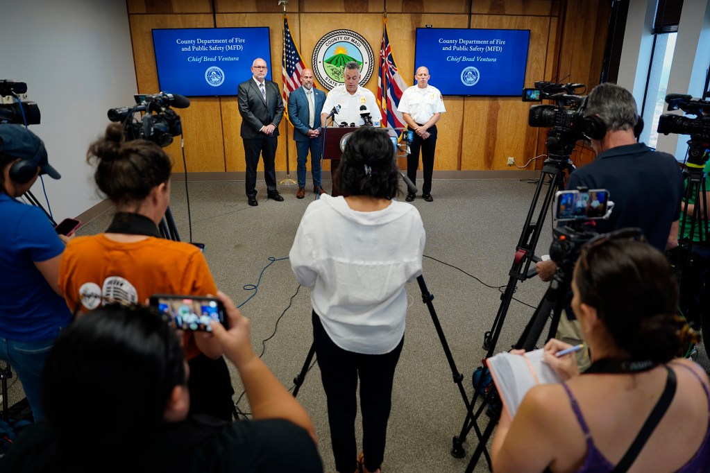 Maui County Department of Fire and Public Safety (MFD) Chief Brad Ventura releases the ATF report on the cause of the Aug. 8, 2023, fire which destroyed the town of Lahaina Wednesday, Oct. 2, 2024, in Wailuku. (Kevin Fujii/Civil Beat/2024)