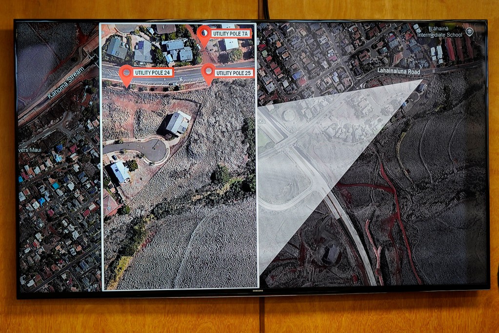 A map from the ATF report shows where the Aug. 8, 2023, fire started and re-ignited Wednesday, Oct. 2, 2024, in Wailuku. This fire destroyed the town of Lahaina and killed 102 people. The area of ignition is mauka of the Lahaina Bypass and immediately south of Lahainaluna Road. (Kevin Fujii/Civil Beat/2024)