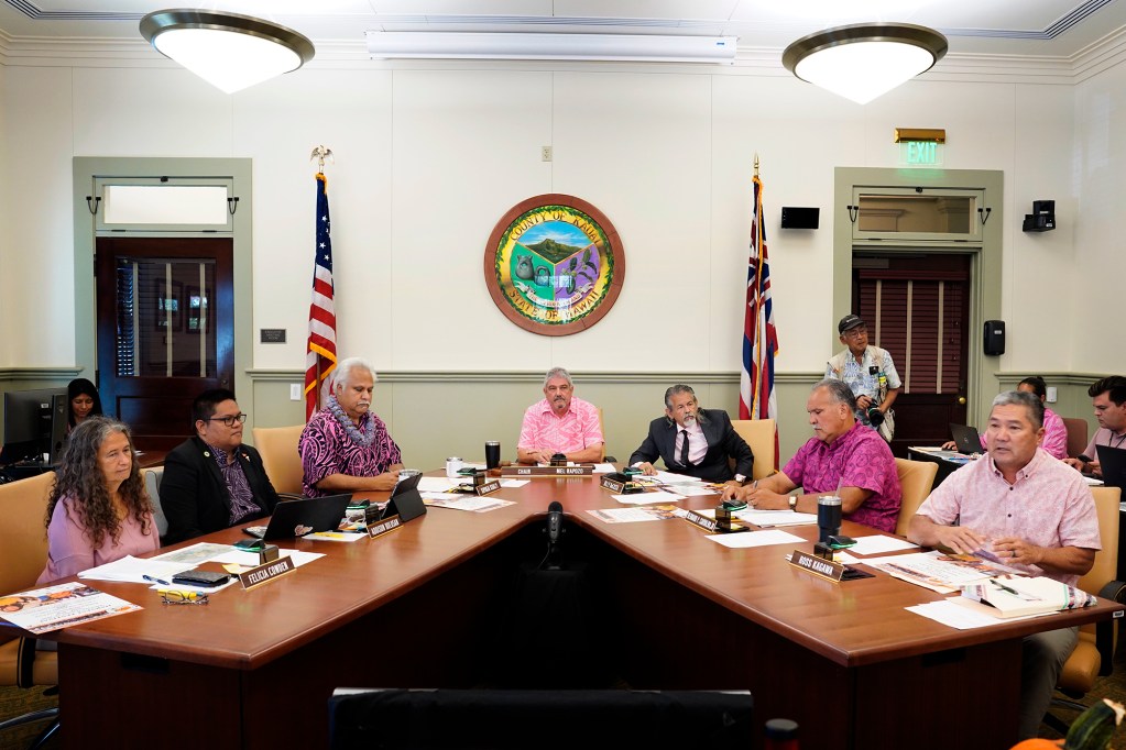 The Kauai County Council meets Wednesday, Oct. 9, 2024, in Lihue. In attendance, council members Felicia Bowden, from left, Addison Bulosan, Vice Chair KipuKai Kuali’i, Chair Mel Rapozo, Bill DeCosta, Bernard Carvalho, Jr., and Ross Kagawa. (Kevin Fujii/Civil Beat/2024)