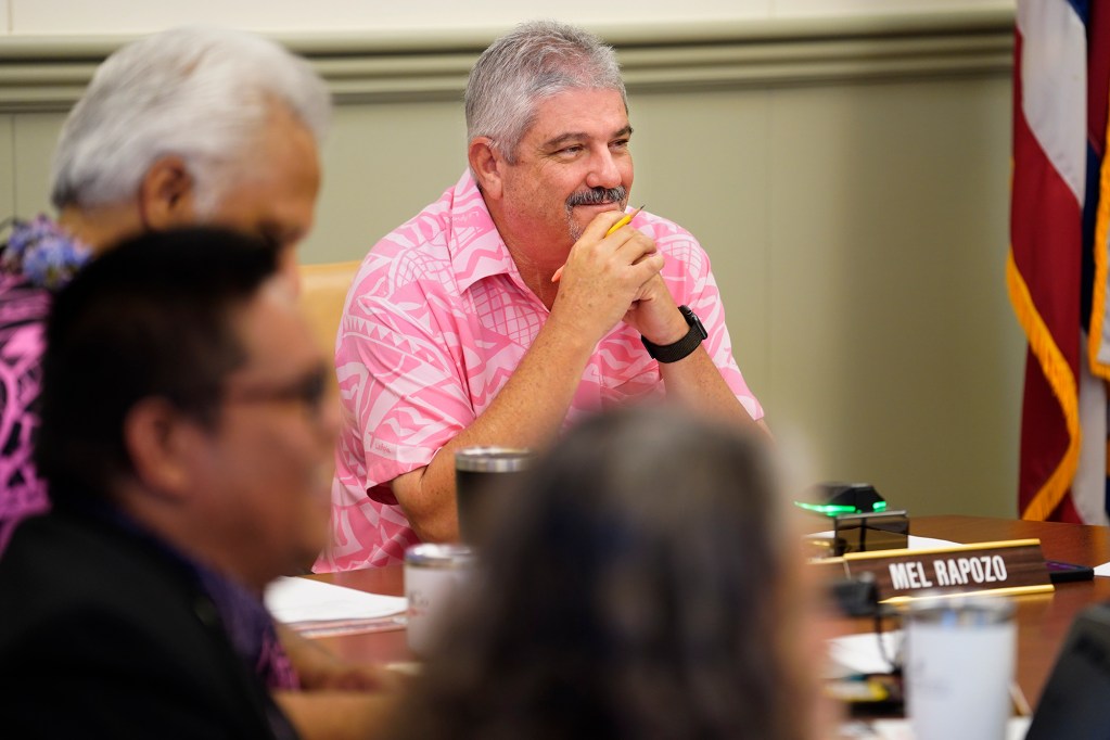 Kauai Council Chair Mel Rapozo listens to those being honored with a proclamation Wednesday, Oct. 9, 2024, in Lihue. (Kevin Fujii/Civil Beat/2024)